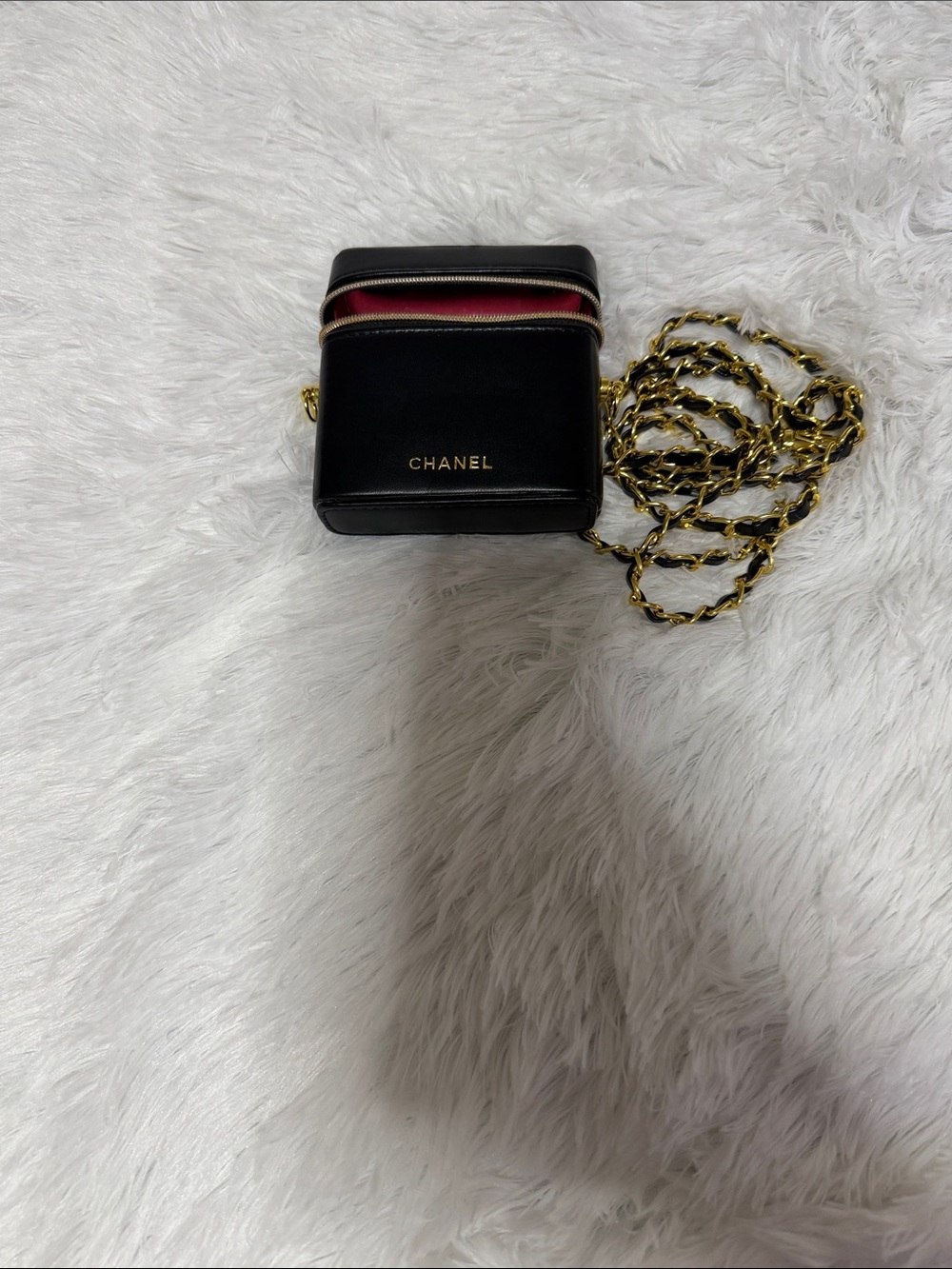 CHANEL Beaute Black Leather Square Crossbody with Gold Chain and Red Interior